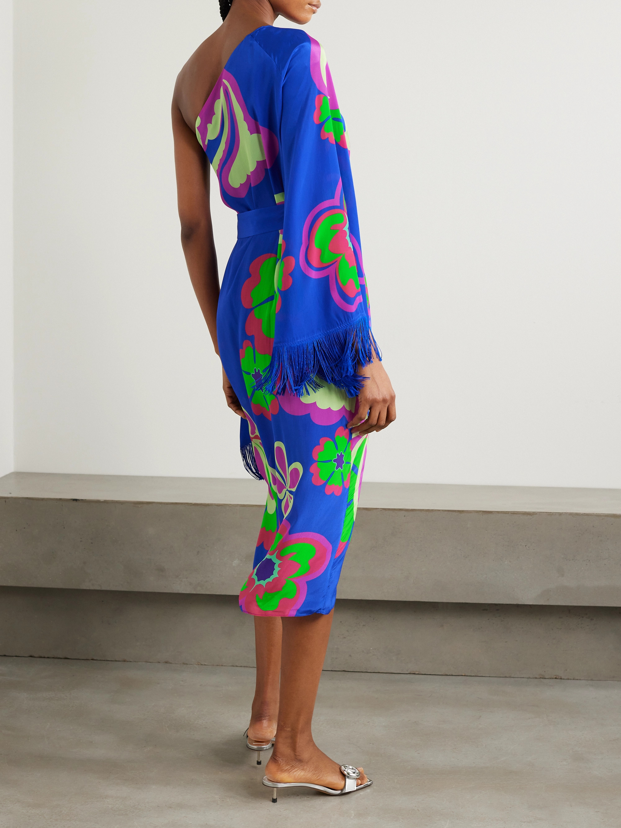 Borgo de Nor Aubrey belted one-sleeve fringed floral-print crepe midi dress
