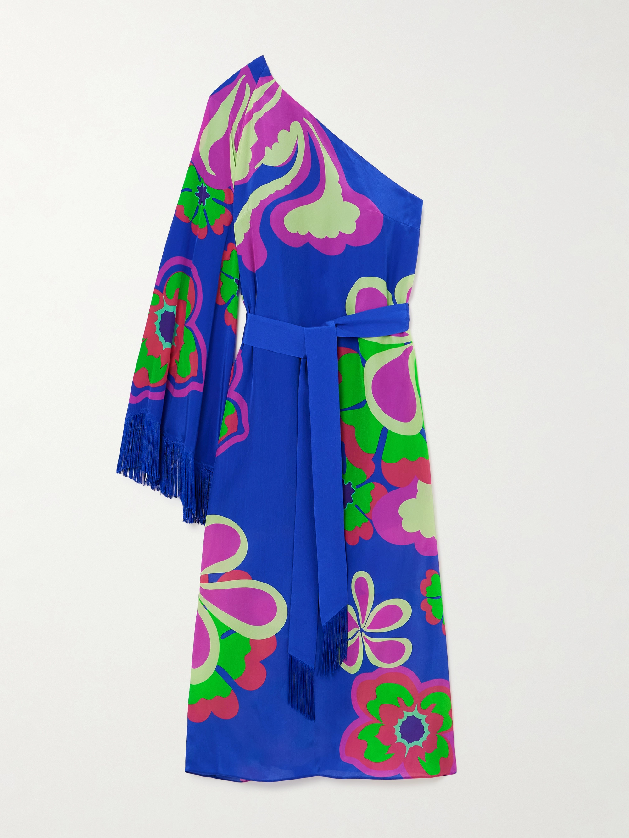 Borgo de Nor Aubrey belted one-sleeve fringed floral-print crepe midi dress