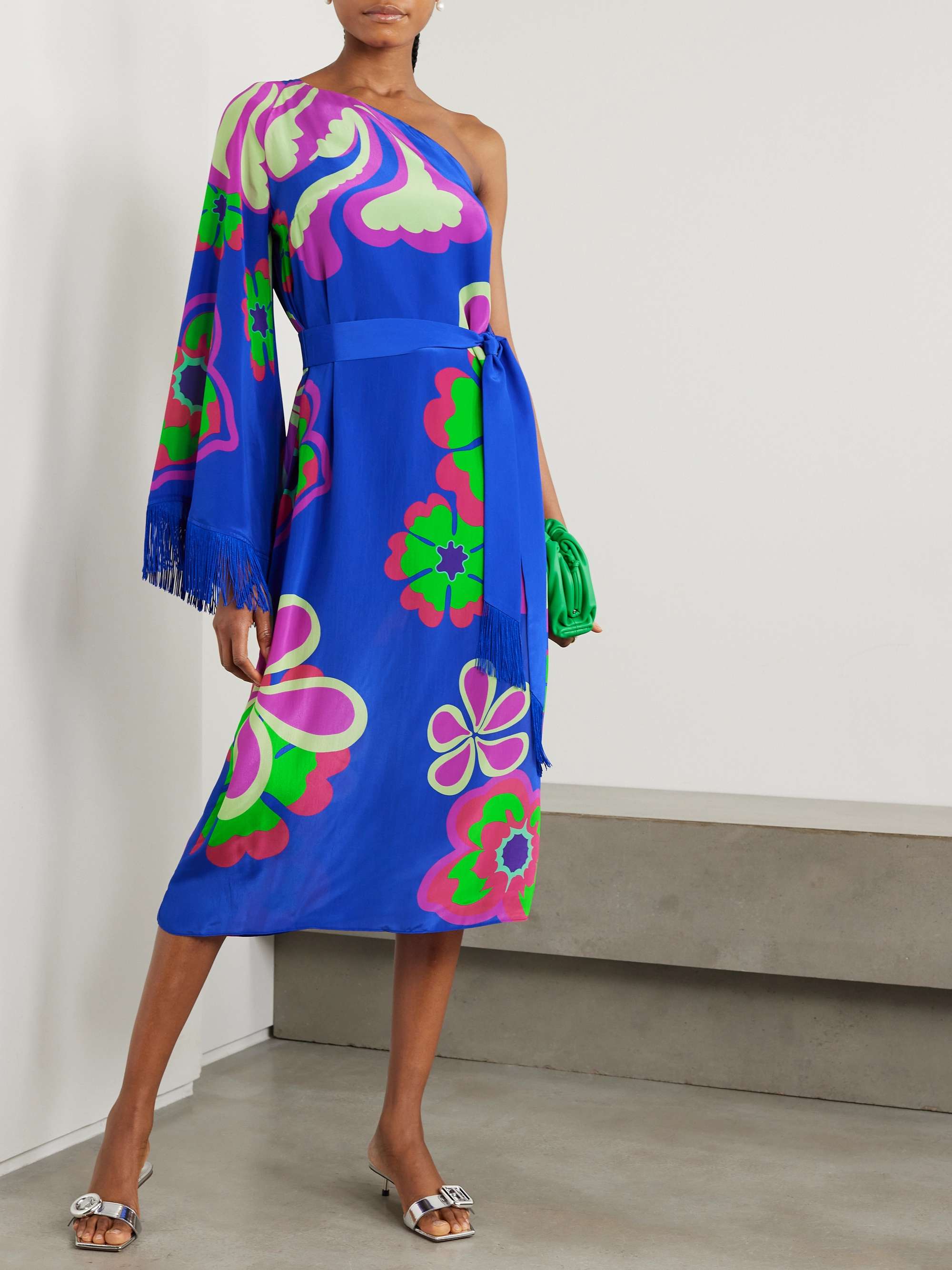 Aubrey belted one sleeve fringed floral print crepe midi dress