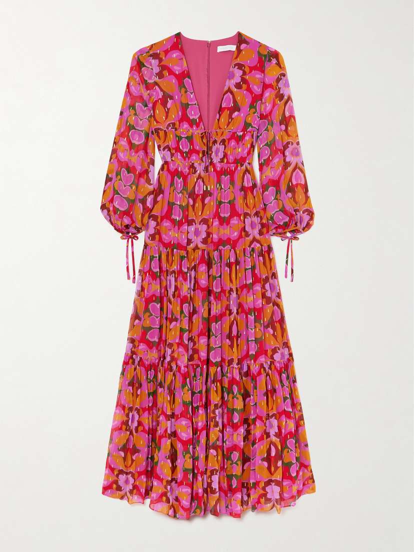 Borgo de Nor Freya Pleated Printed Fil Coupé Chiffon Maxi Dress - UK 14