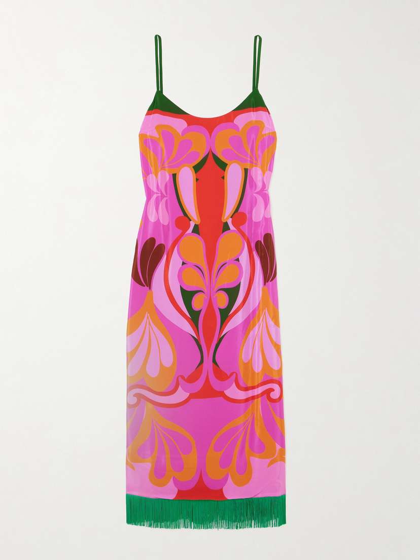 Borgo de Nor Thalai Fringed Printed Satin Midi Dress - UK 16