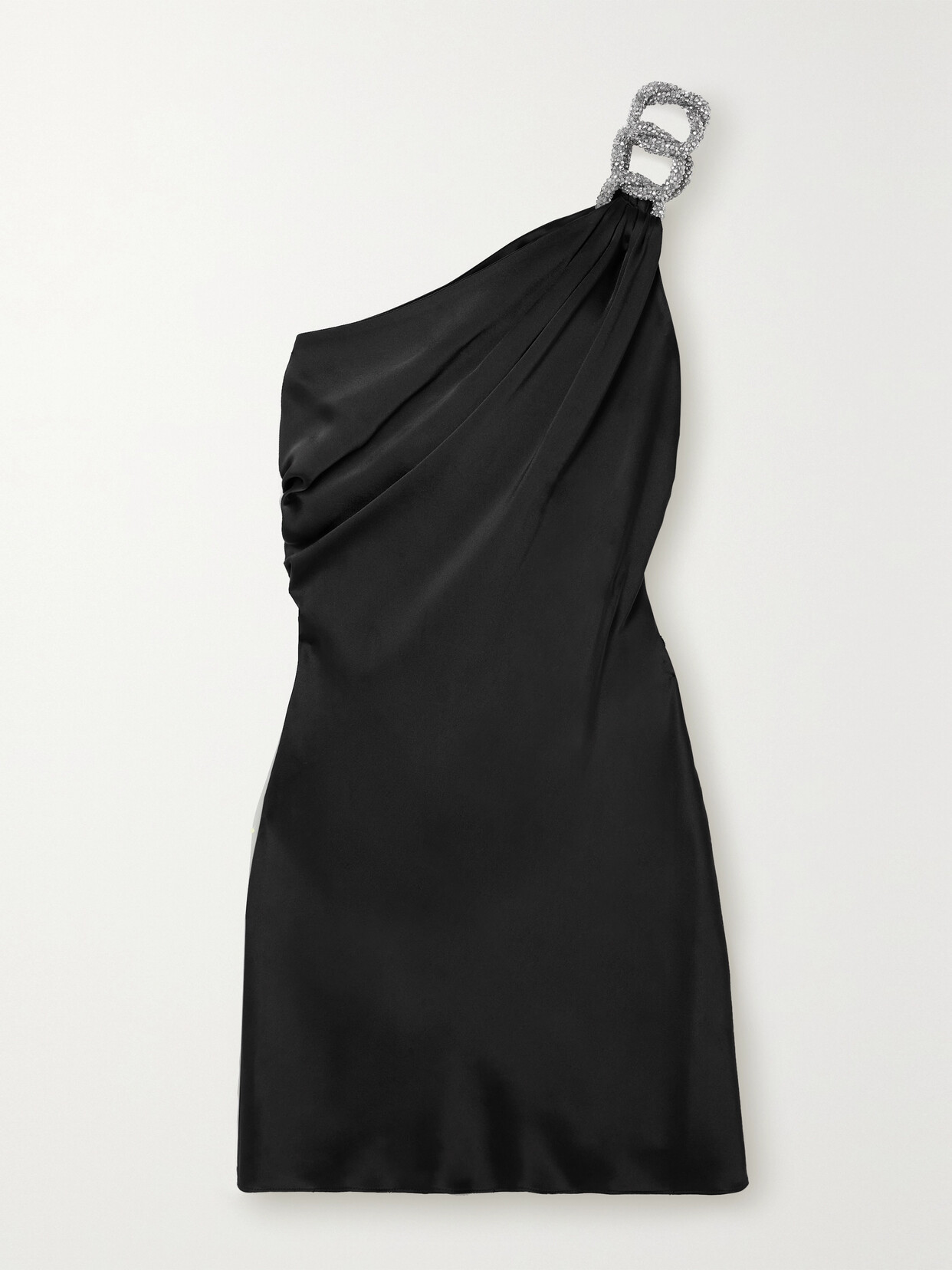 Stella Mccartney Falabella Crystal Chain Double Satin One-shoulder Mini Dress In Black