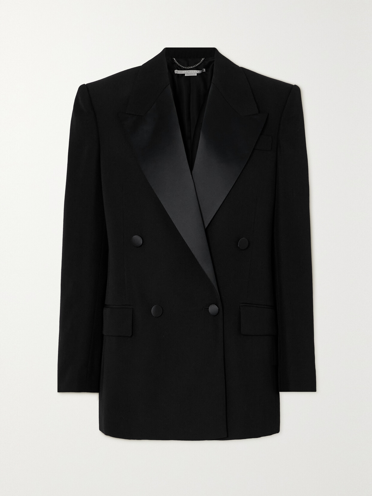 Stella Mccartney Double-breasted Satin-trimmed Grain De Poudre Wool Blazer In Black