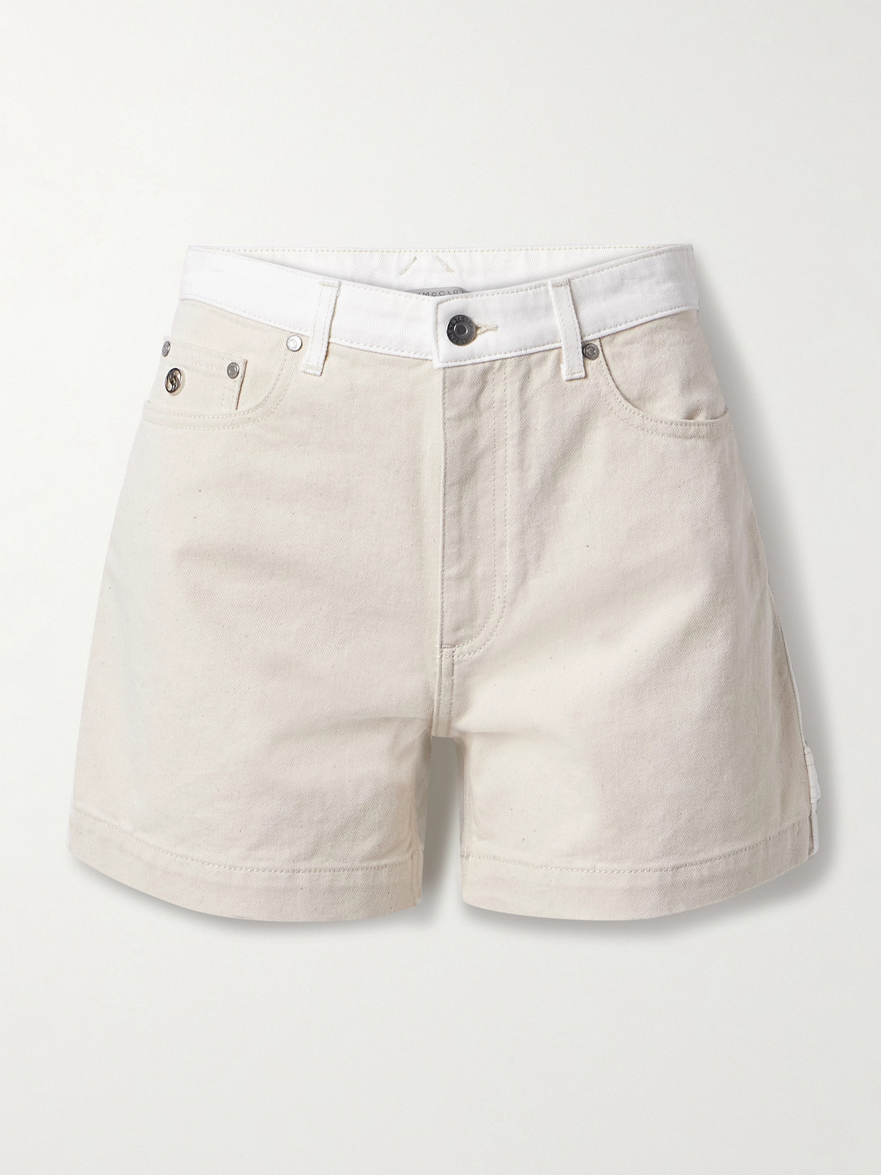 Shop Stella Mccartney + Net Sustain Two-tone Organic Denim Shorts In White