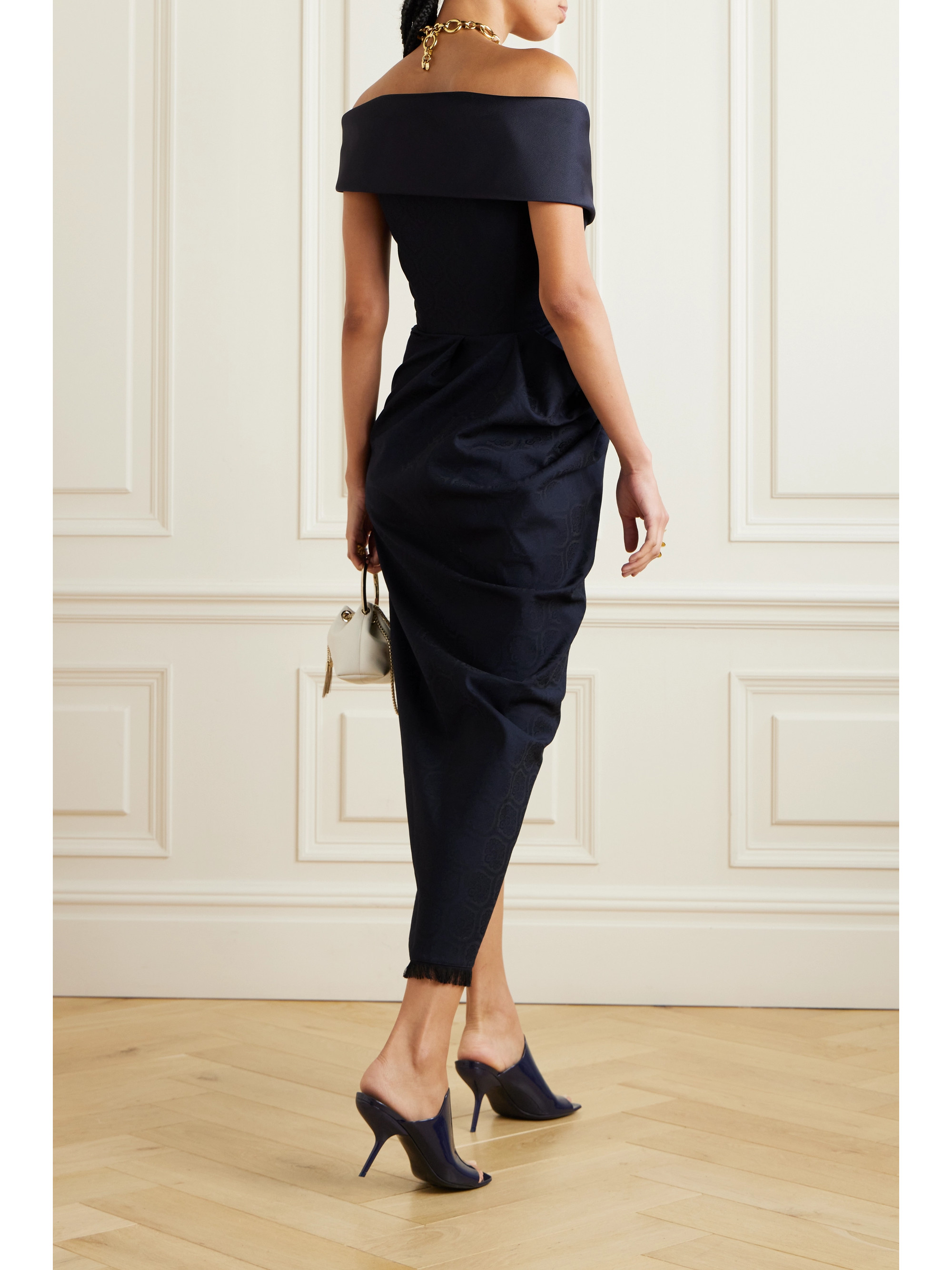 Etro Off-the-shoulder twill-trimmed frayed silk-blend jacquard wrap gown