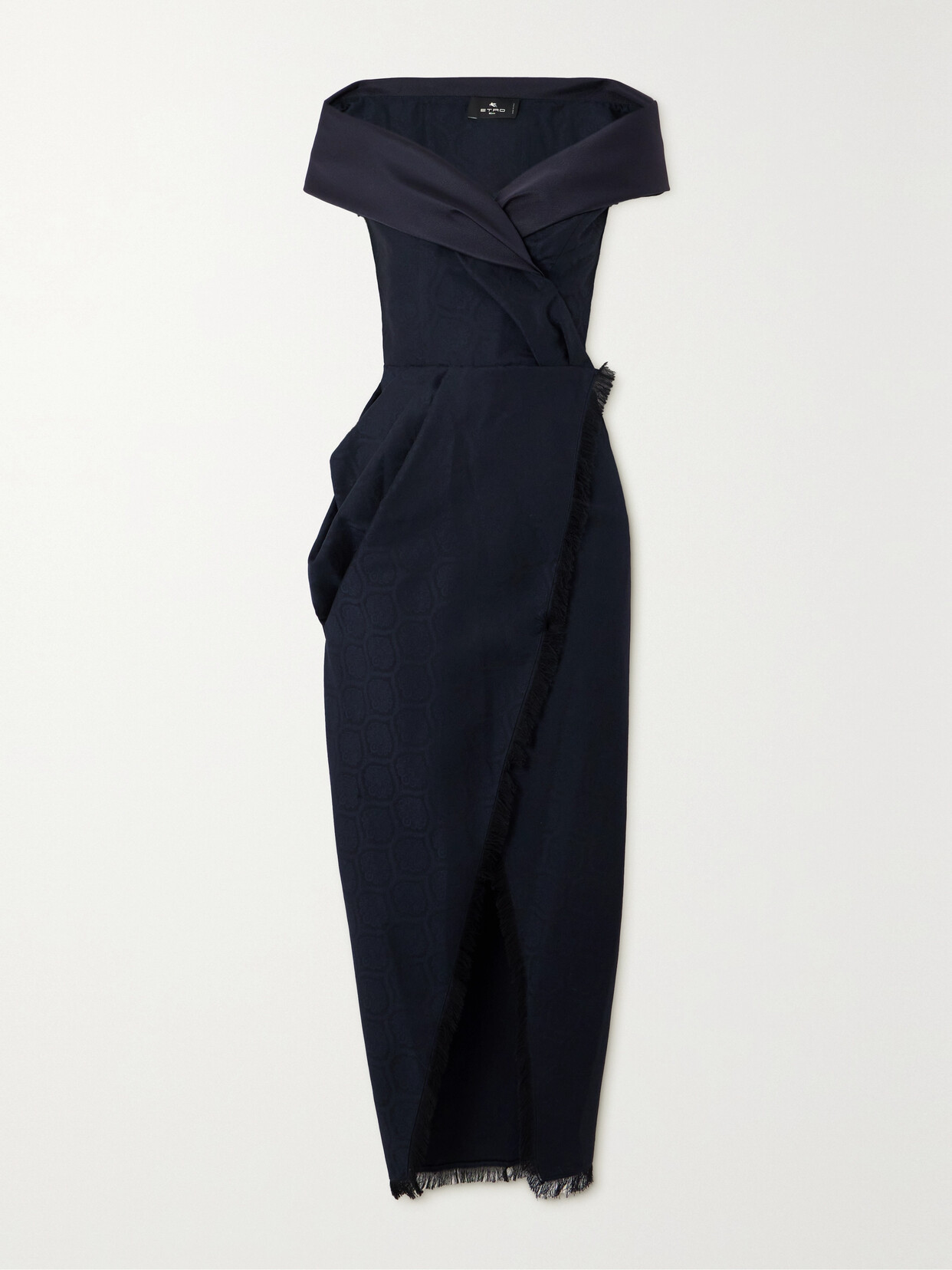 Shop Etro Off-the-shoulder Twill-trimmed Frayed Silk-blend Jacquard Wrap Gown In Blue