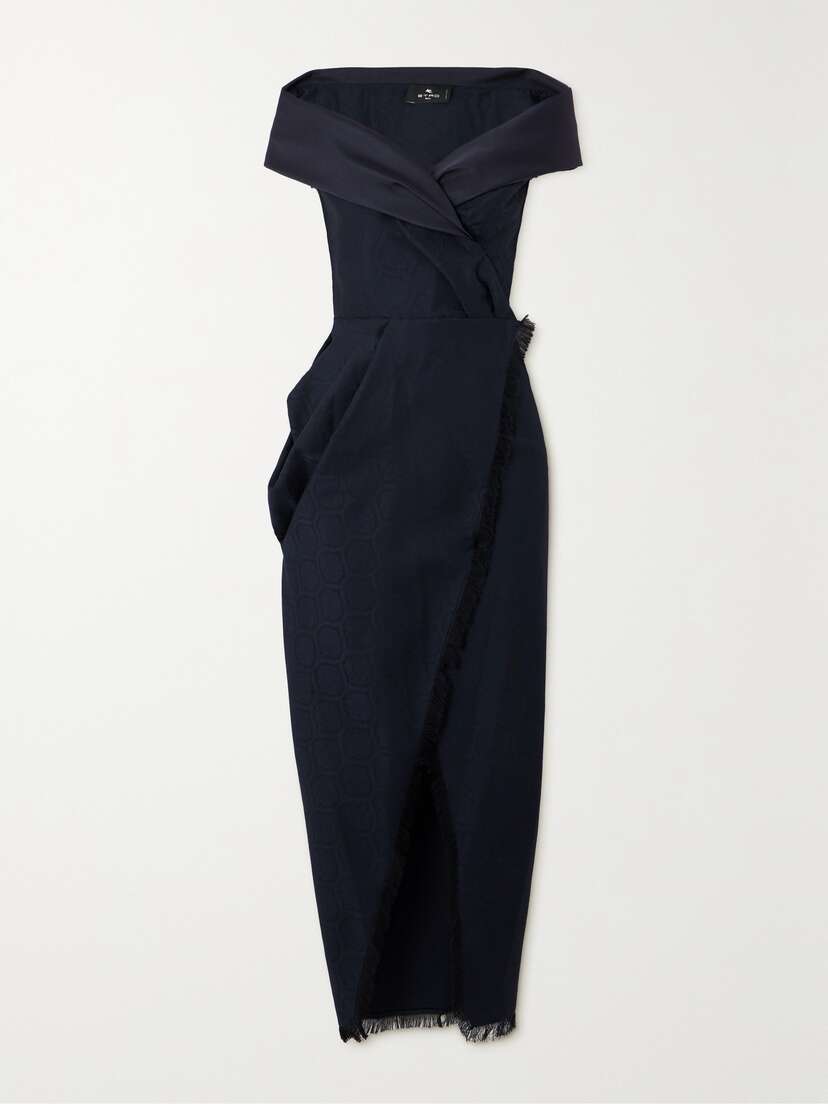Etro Off-the-shoulder Twill-trimmed Frayed Silk-blend Jacquard Wrap Gown