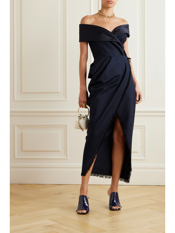 Etro Off-the-shoulder twill-trimmed frayed silk-blend jacquard wrap gown