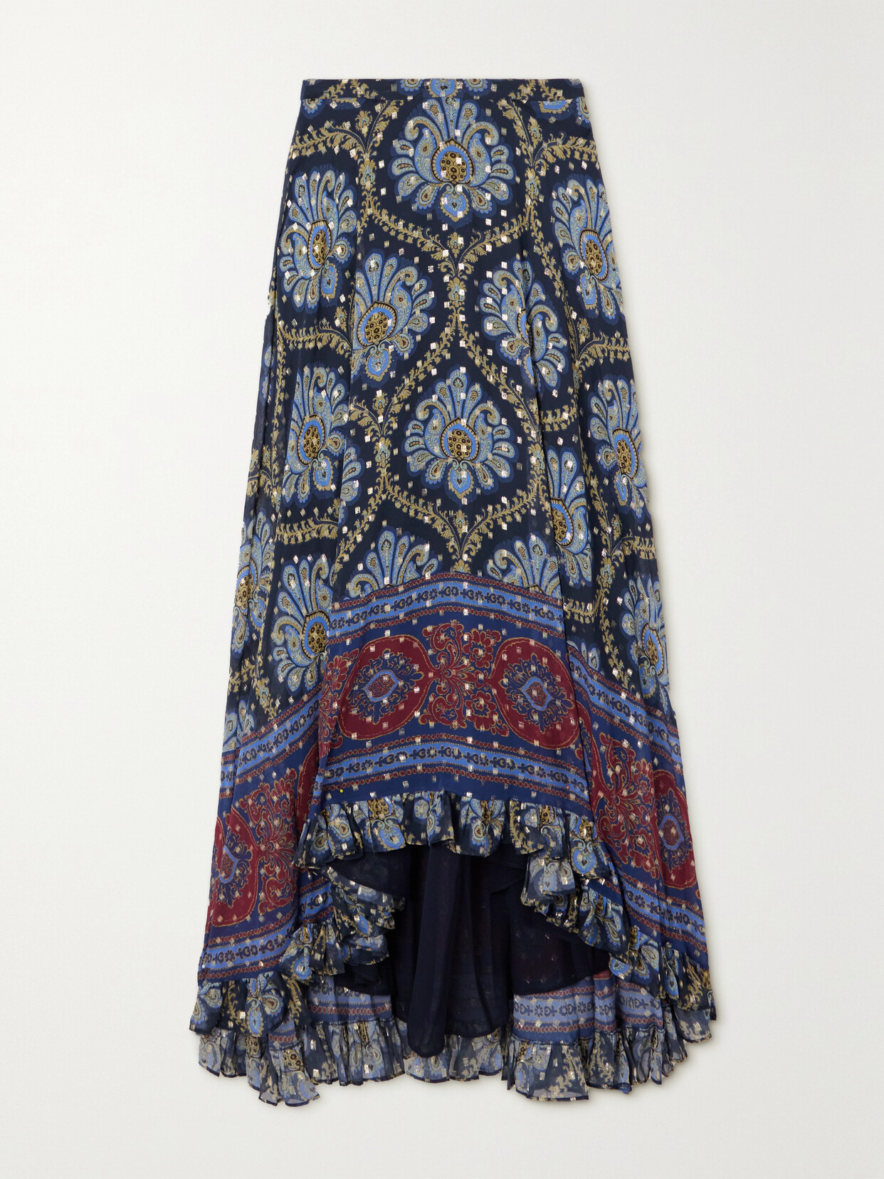 Etro Paisley-print Metallic Fil Coupé Silk-blend Maxi Skirt In Blue