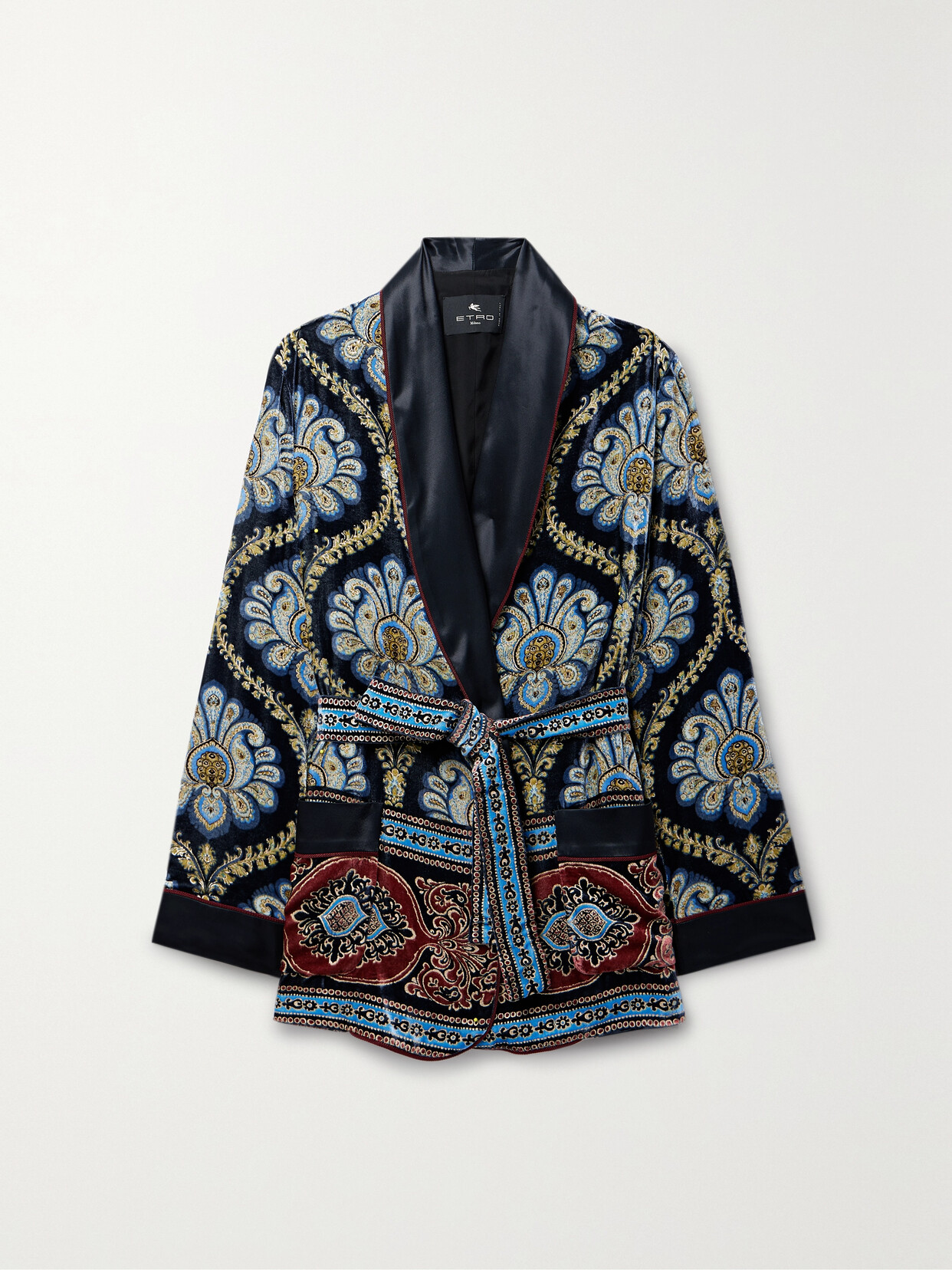 Etro - Belted Satin-trimmed Velvet-jacquard Cardigan - Blue