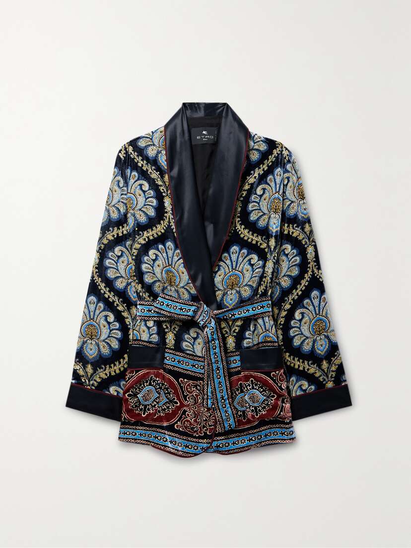 Etro Belted Satin-trimmed Velvet-jacquard Cardigan