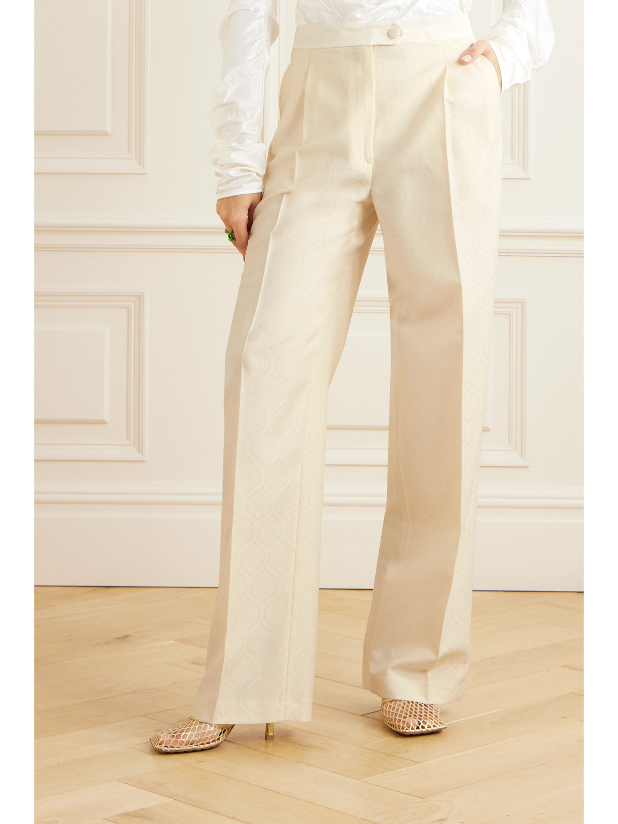 Etro Pleated Cotton And Wool-blend Jacquard Wide-leg Pants In Ivory