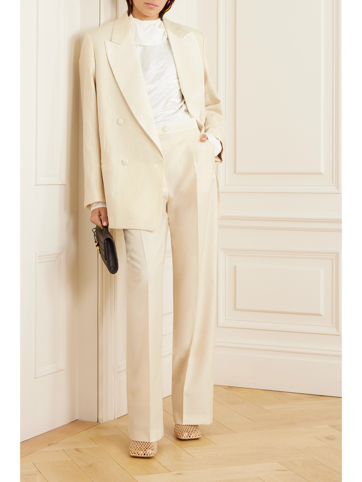 Shop Etro Pleated Cotton And Wool-blend Jacquard Wide-leg Pants In Ivory