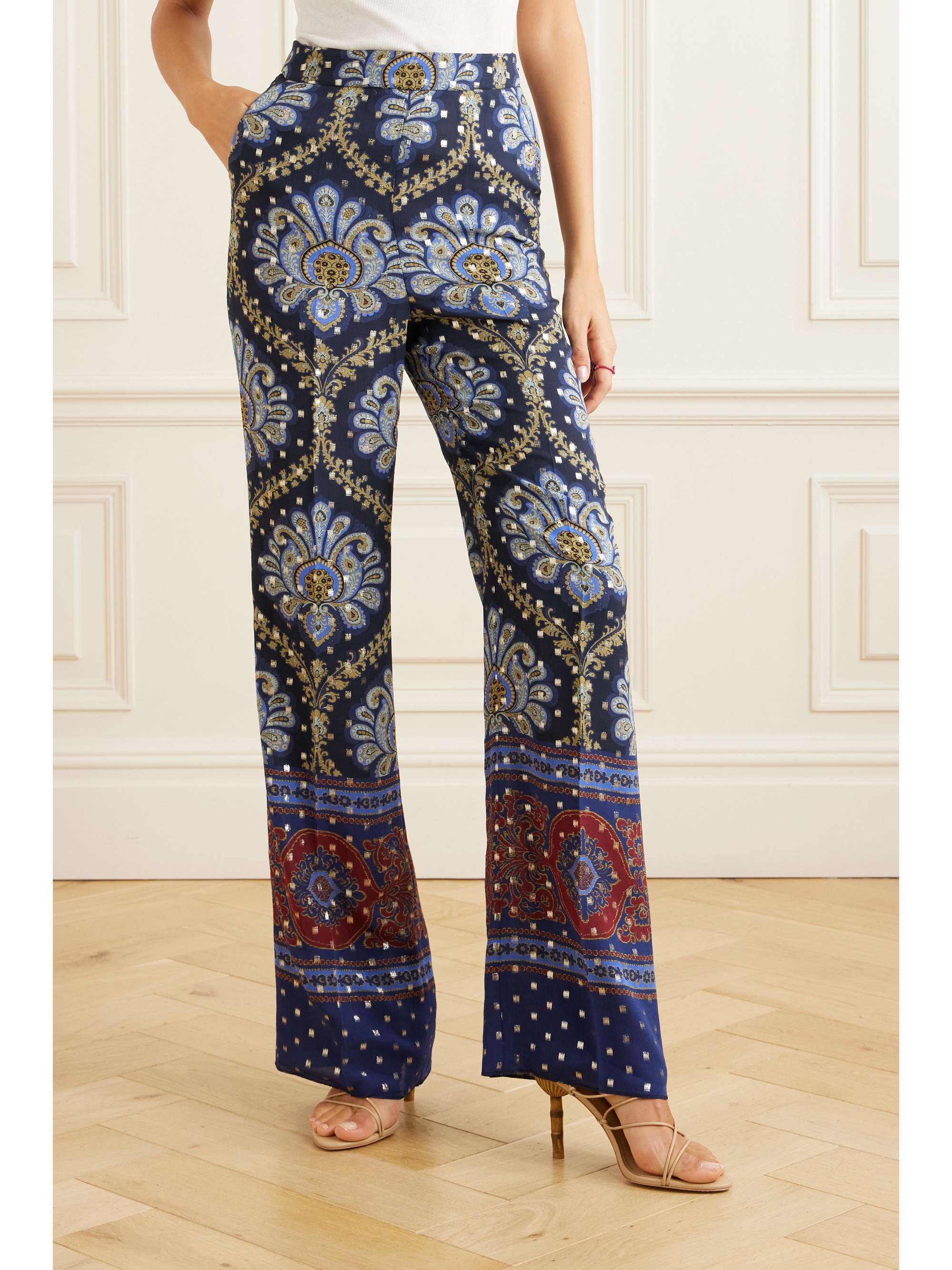 Mittoshop Paisley Patchwork Print Satin Wide Leg Pants Orange