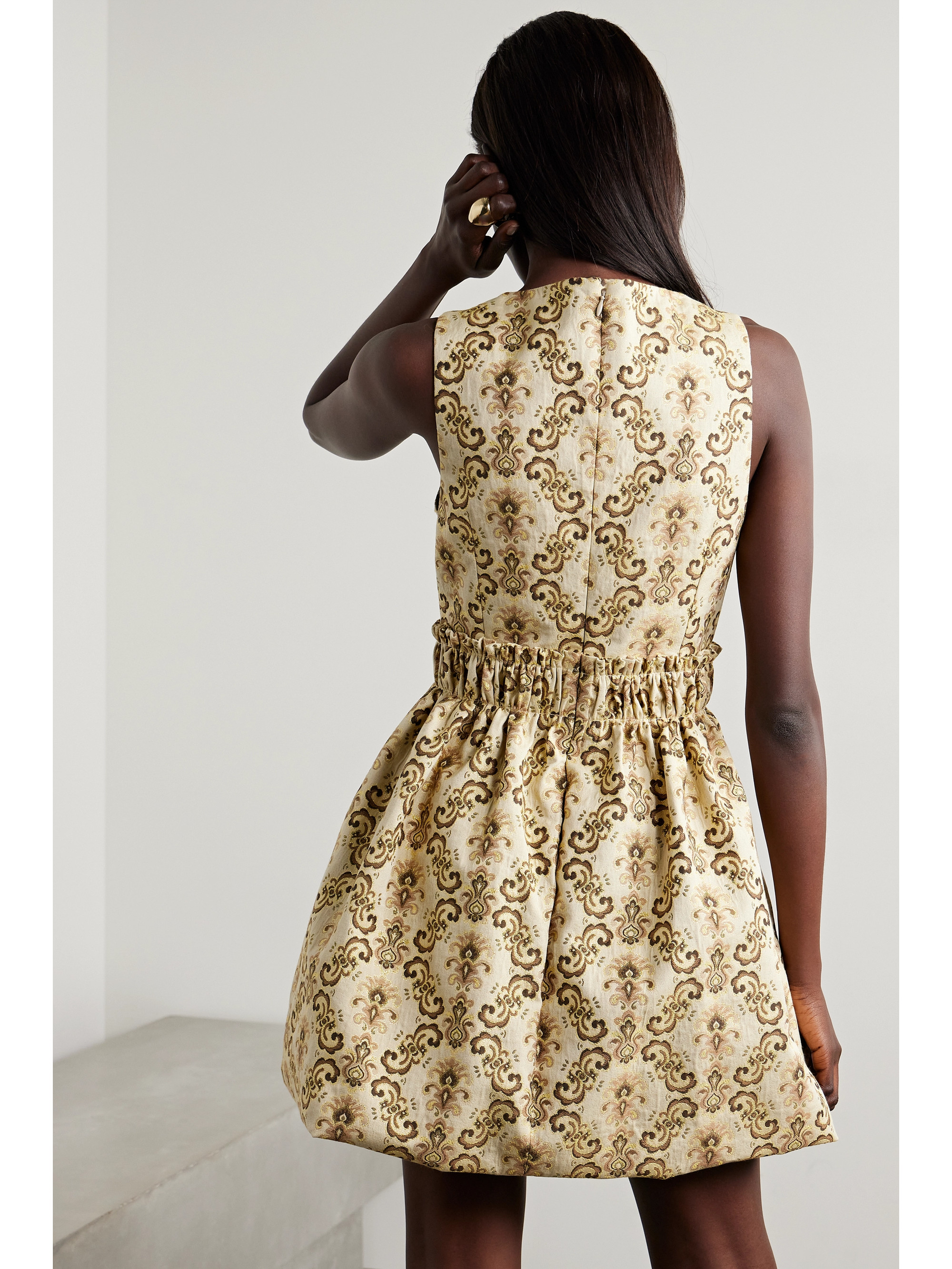 Etro Grosgrain-trimmed gathered metallic brocade mini dress