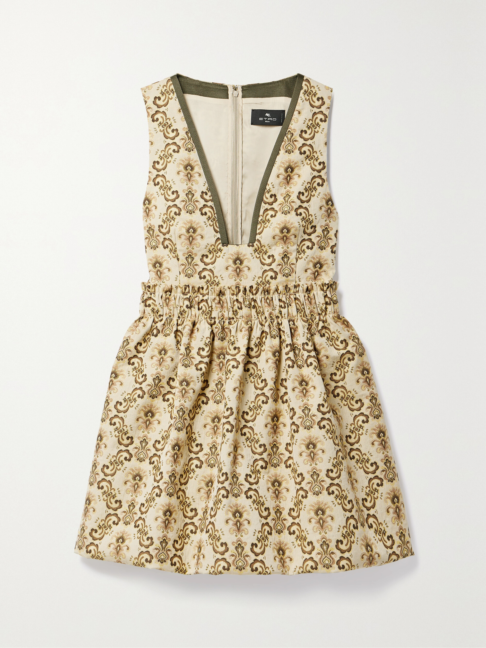 Etro Grosgrain-trimmed gathered metallic brocade mini dress