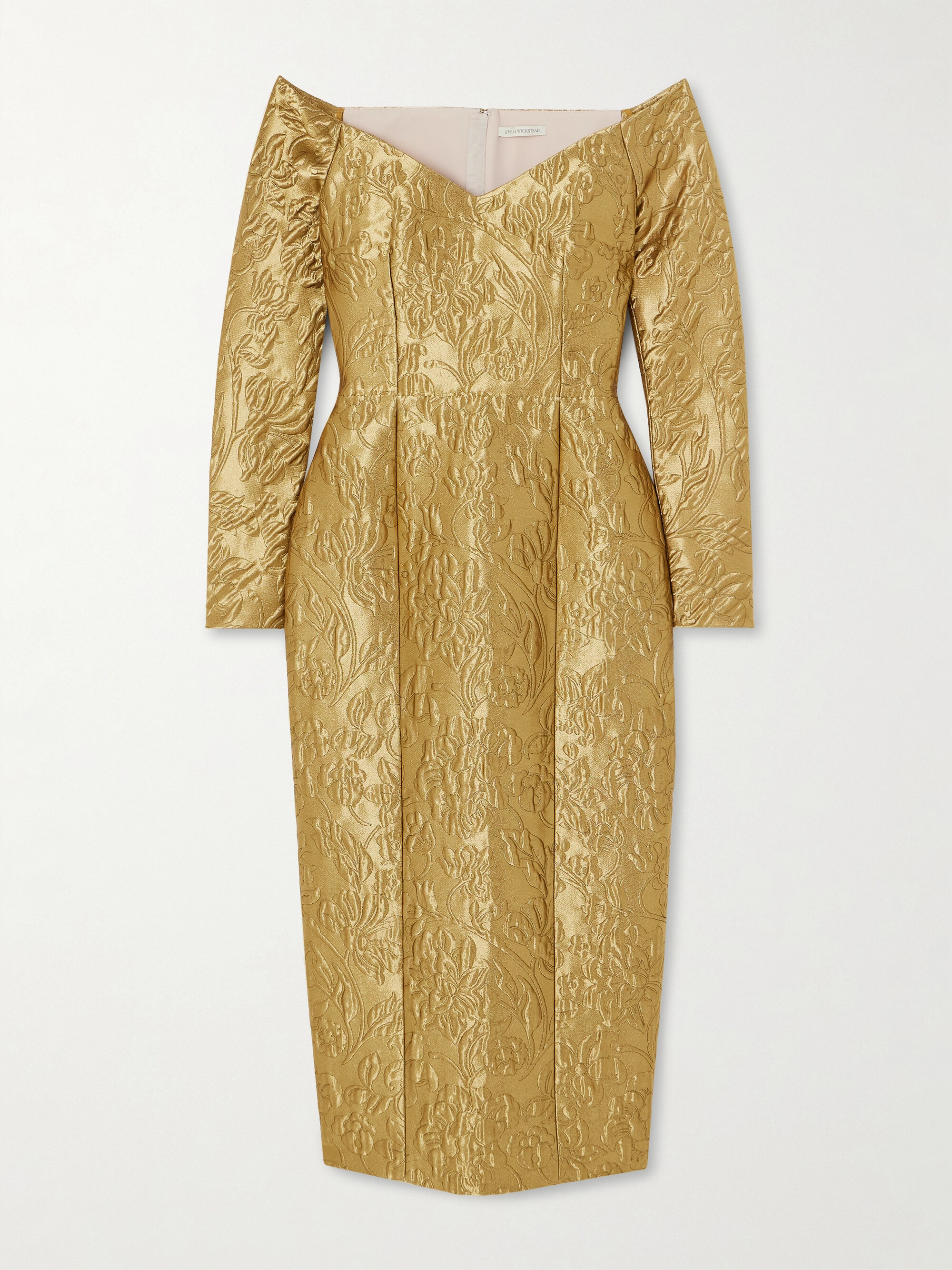 Emilia Wickstead Burleigh off-the-shoulder metallic floral-brocade midi dress thumbnail
