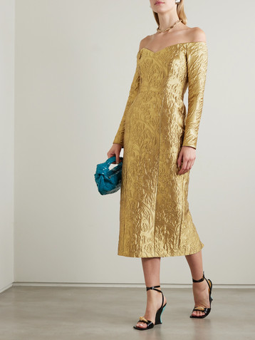 Emilia Wickstead Burleigh off-the-shoulder metallic floral-brocade midi dress