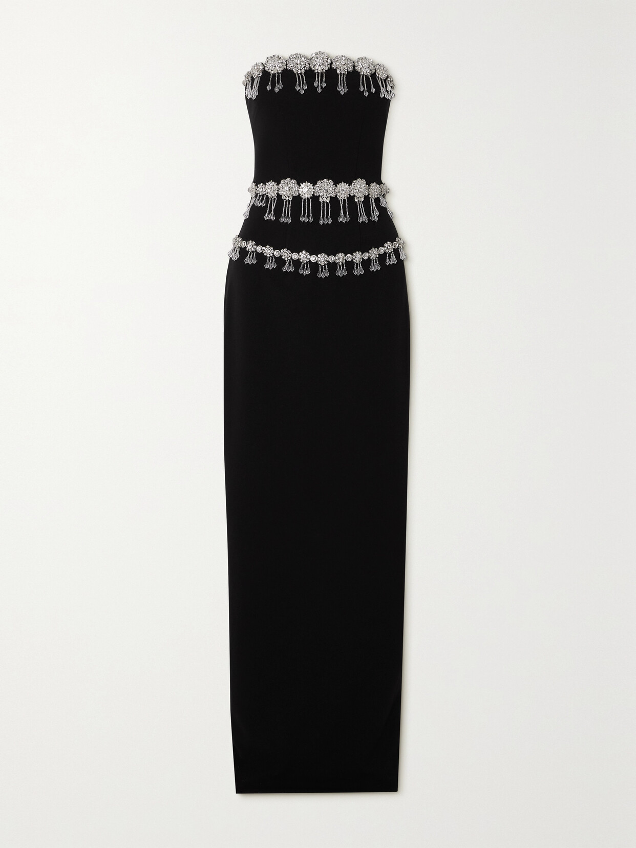 Clio Peppiatt Brooch Strapless Crystal-embellished Crepe Maxi Dress In Black