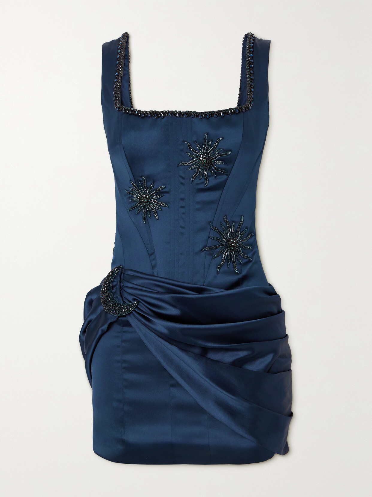 Clio Peppiatt Lapis Draped Embellished Satin Mini Dress In Blue