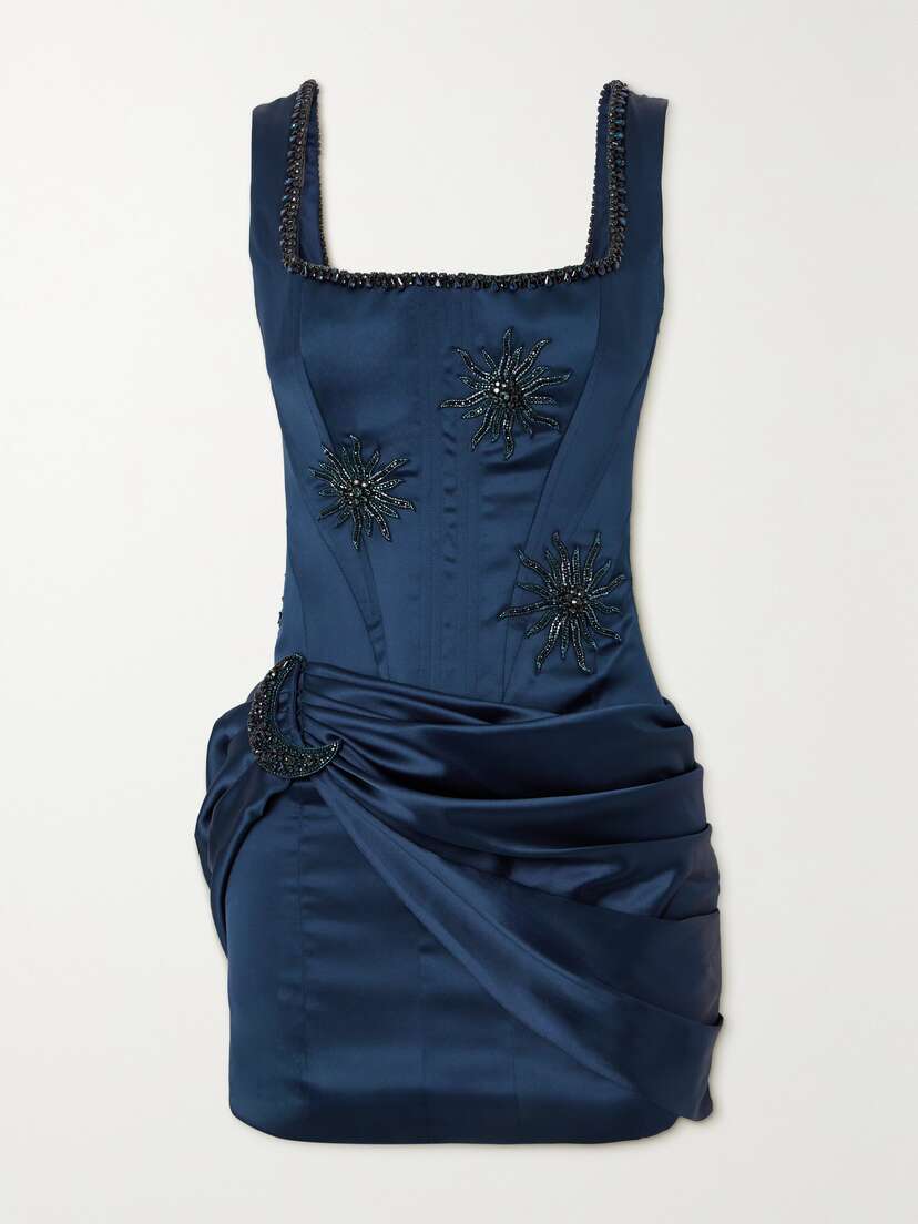 Clio Peppiatt Lapis Draped Embellished Satin Mini Dress - x large