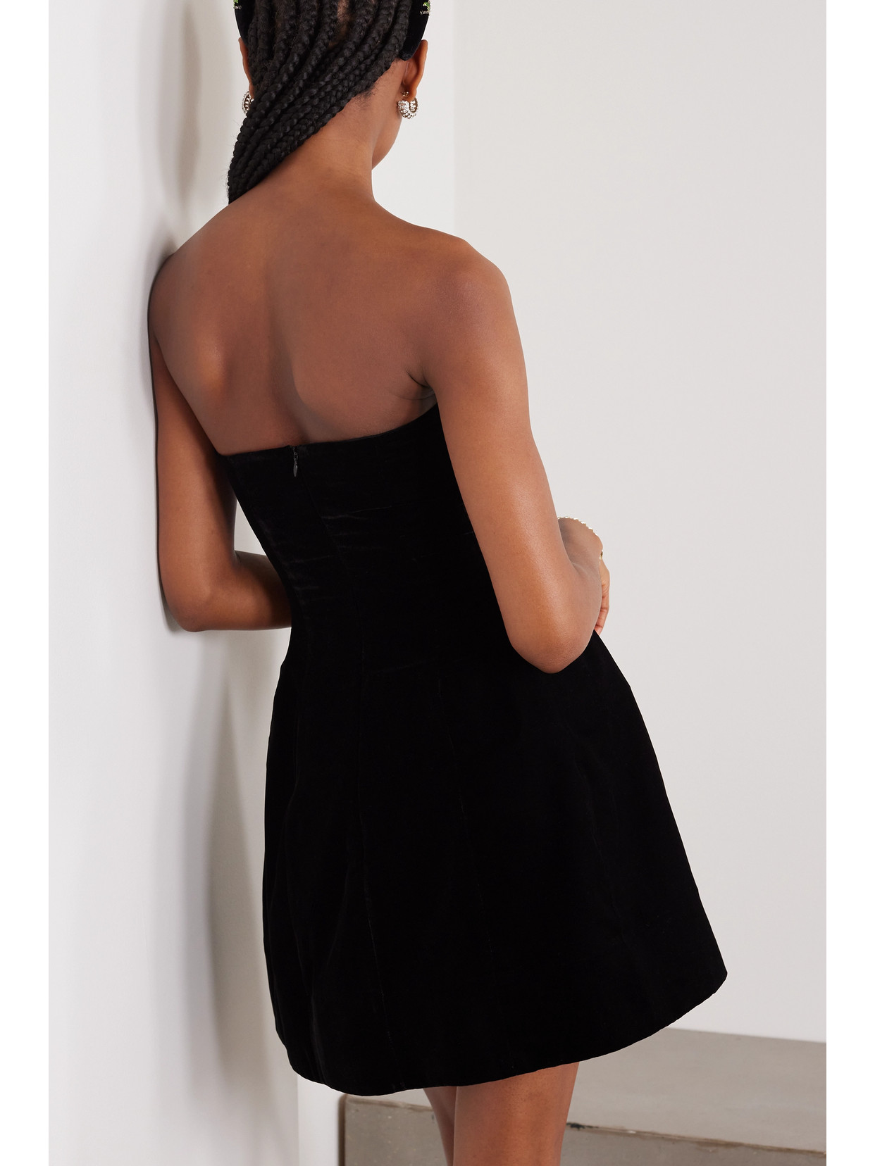 Shop Clio Peppiatt Strapless Embellished Velvet Mini Dress In Black