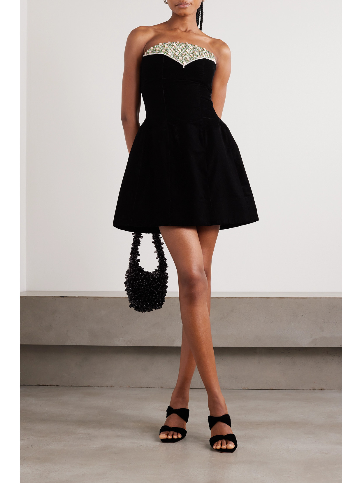 Shop Clio Peppiatt Strapless Embellished Velvet Mini Dress In Black