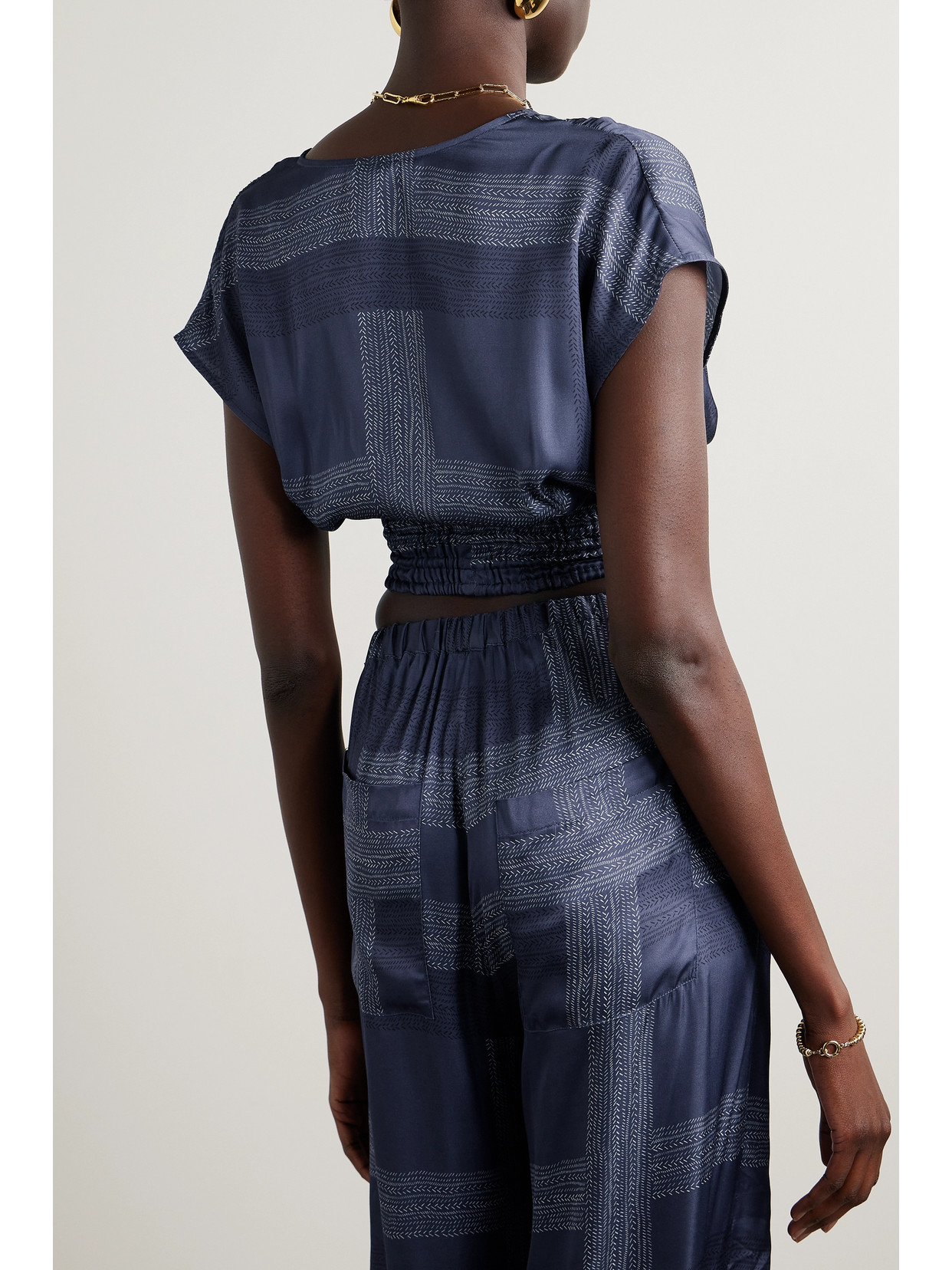 Lemlem + Net Sustain Alia Cropped Shirred Printed Charmeuse Top In Blue