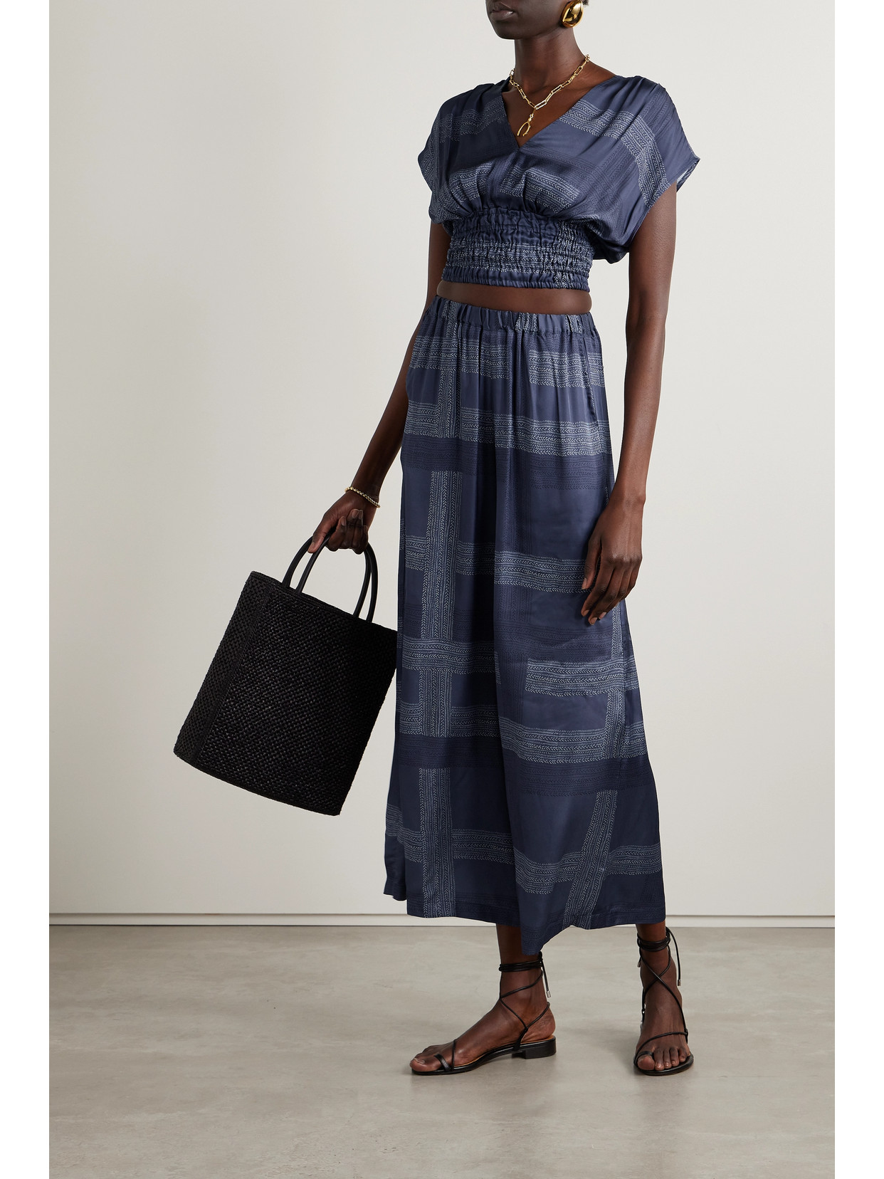 Lemlem + Net Sustain Alia Cropped Shirred Printed Charmeuse Top In Blue