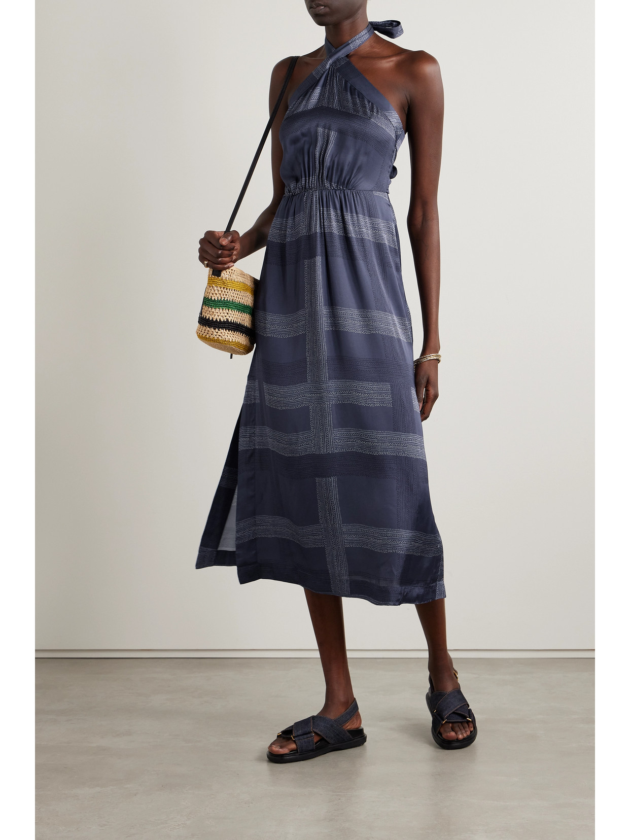 Shop Lemlem + Net Sustain Ajani Striped Charmeuse Halterneck Midi Dress In Blue