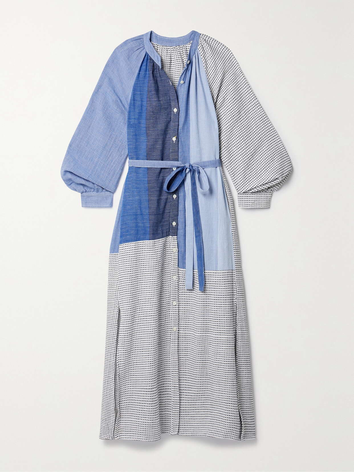 Shop Lemlem + Net Sustain Makeda Belted Color-blocked Cotton-blend Maxi Dress In Blue