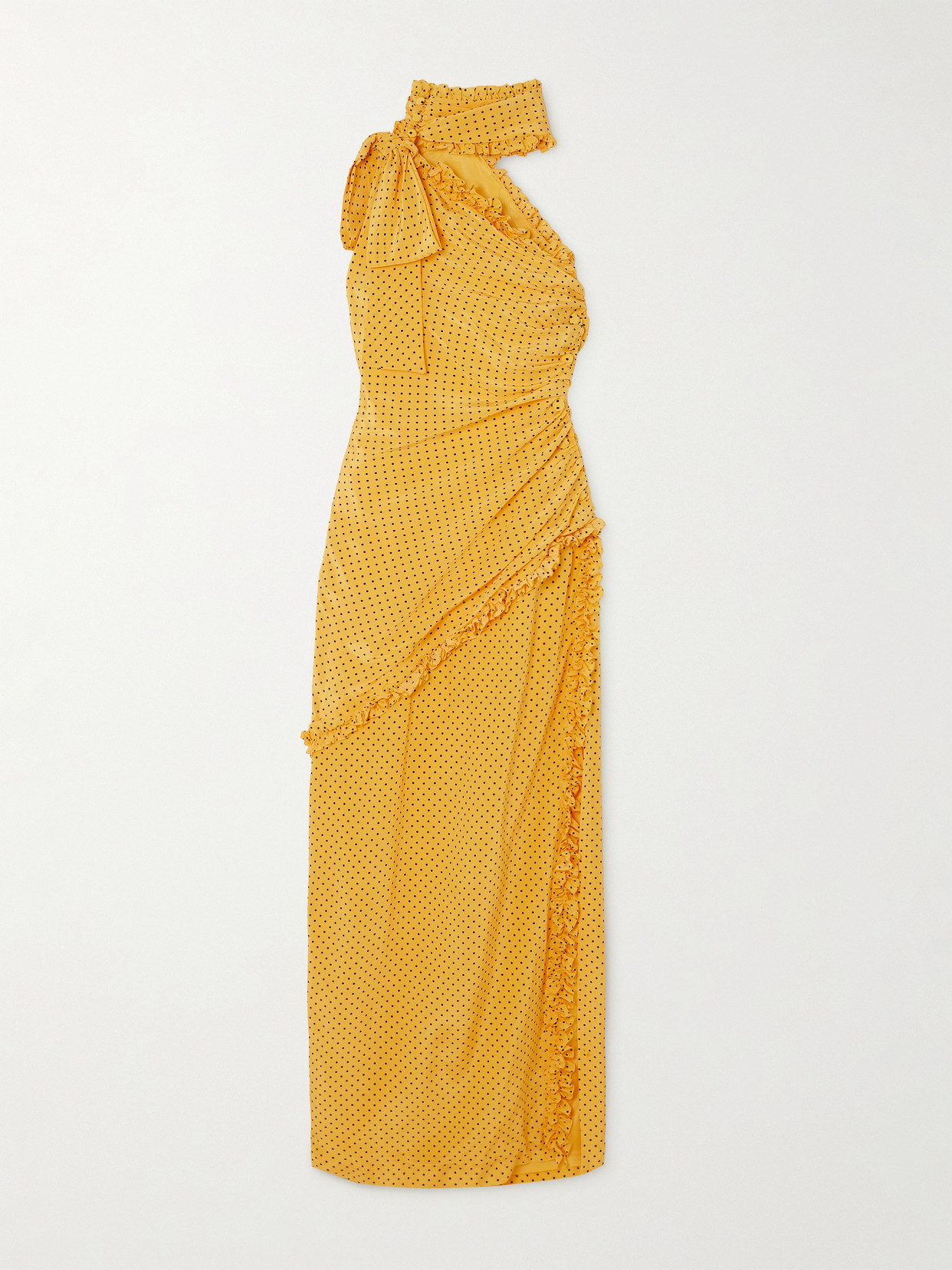 Shop Alessandra Rich Bow-detailed Ruffled One-shoulder Polka-dot Silk Crepe De Chine Dress In Yellow