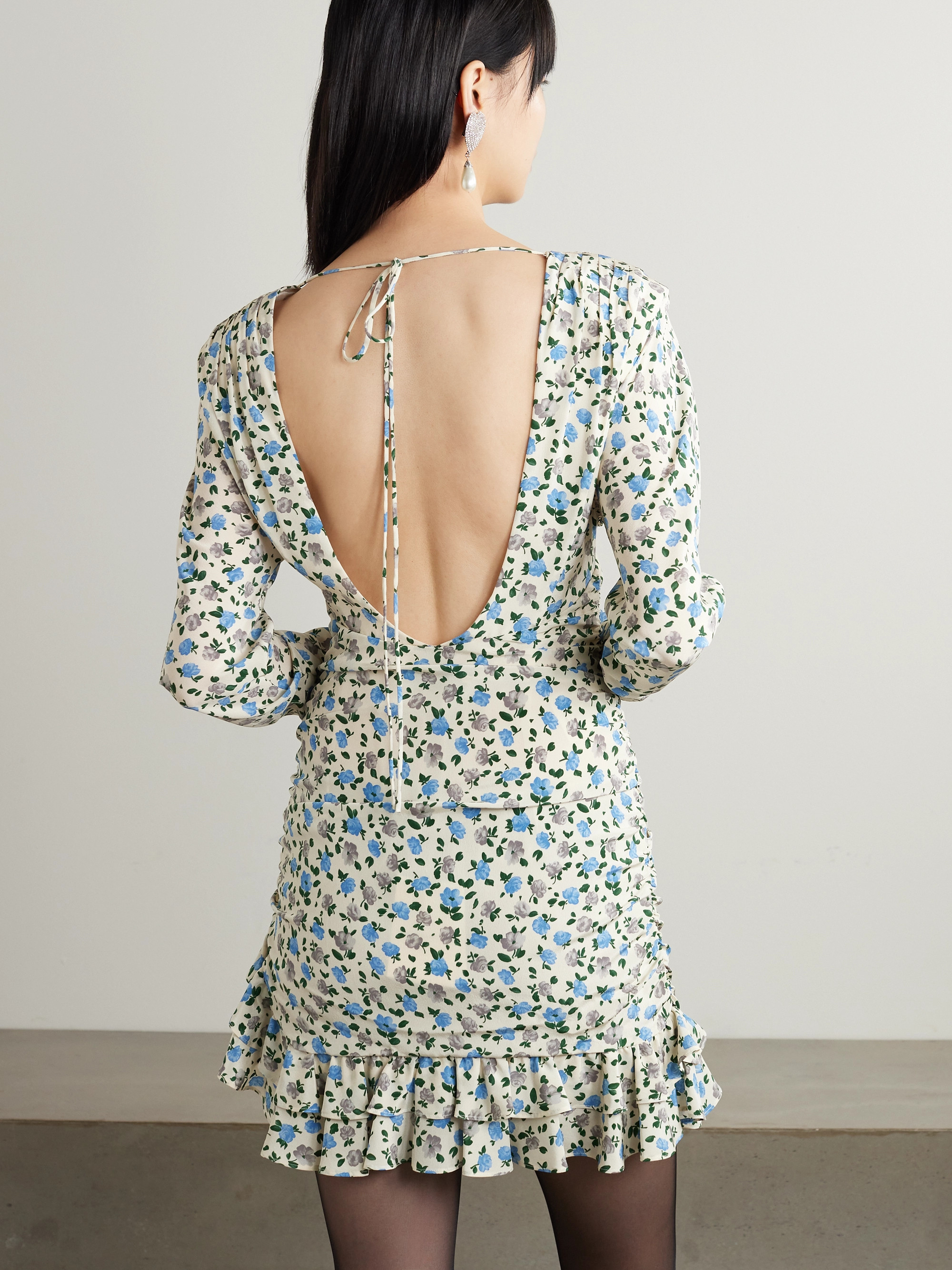 Alessandra Rich Open-back gathered floral-print silk crepe de chine mini dress thumbnail