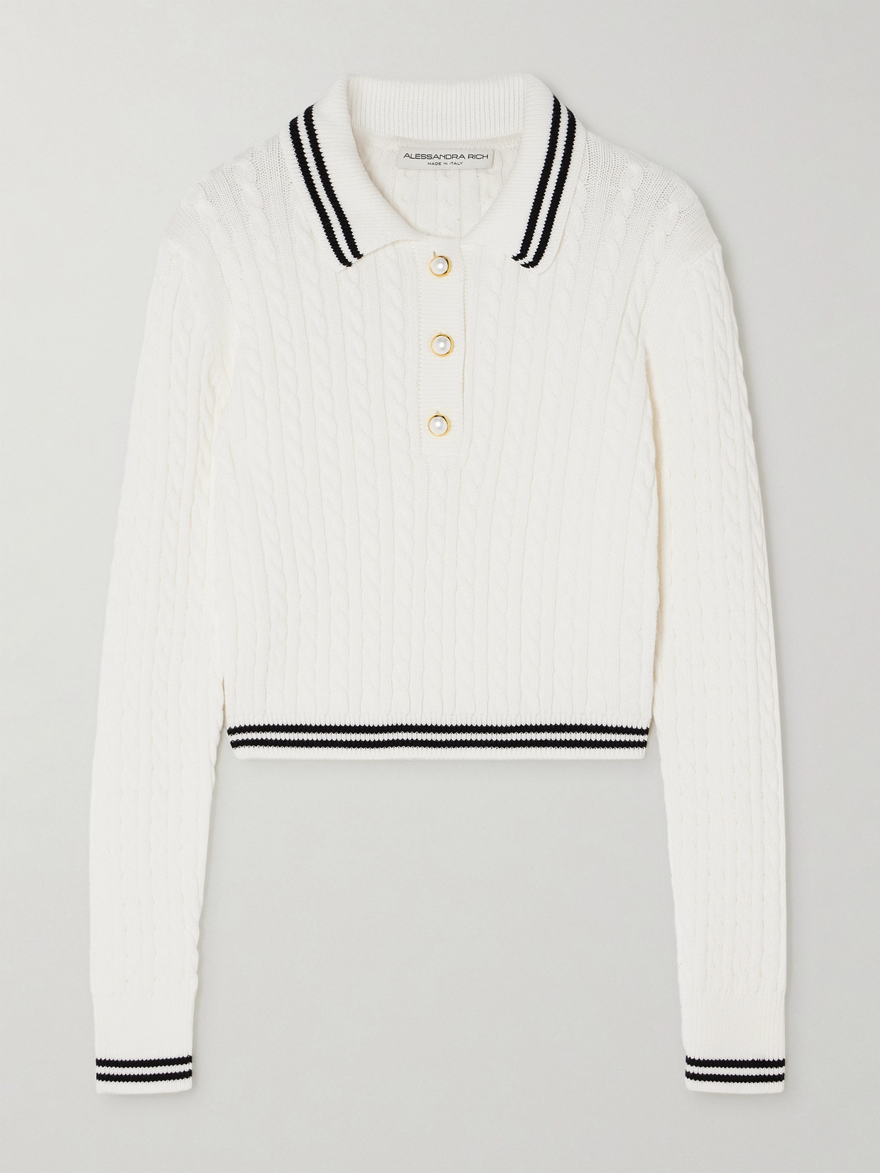 Shop Alessandra Rich Cropped Striped Cable-knit Cotton Sweater In White