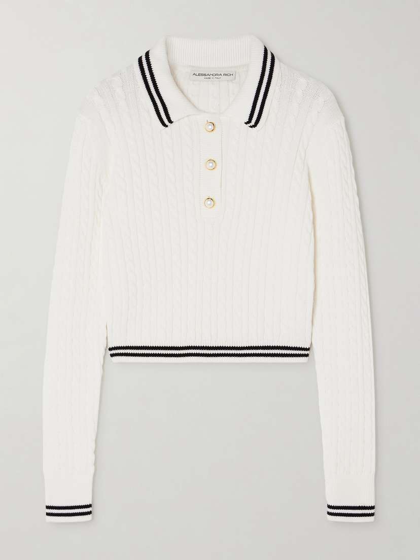 Alessandra Rich Cropped Striped Cable-knit Cotton Sweater