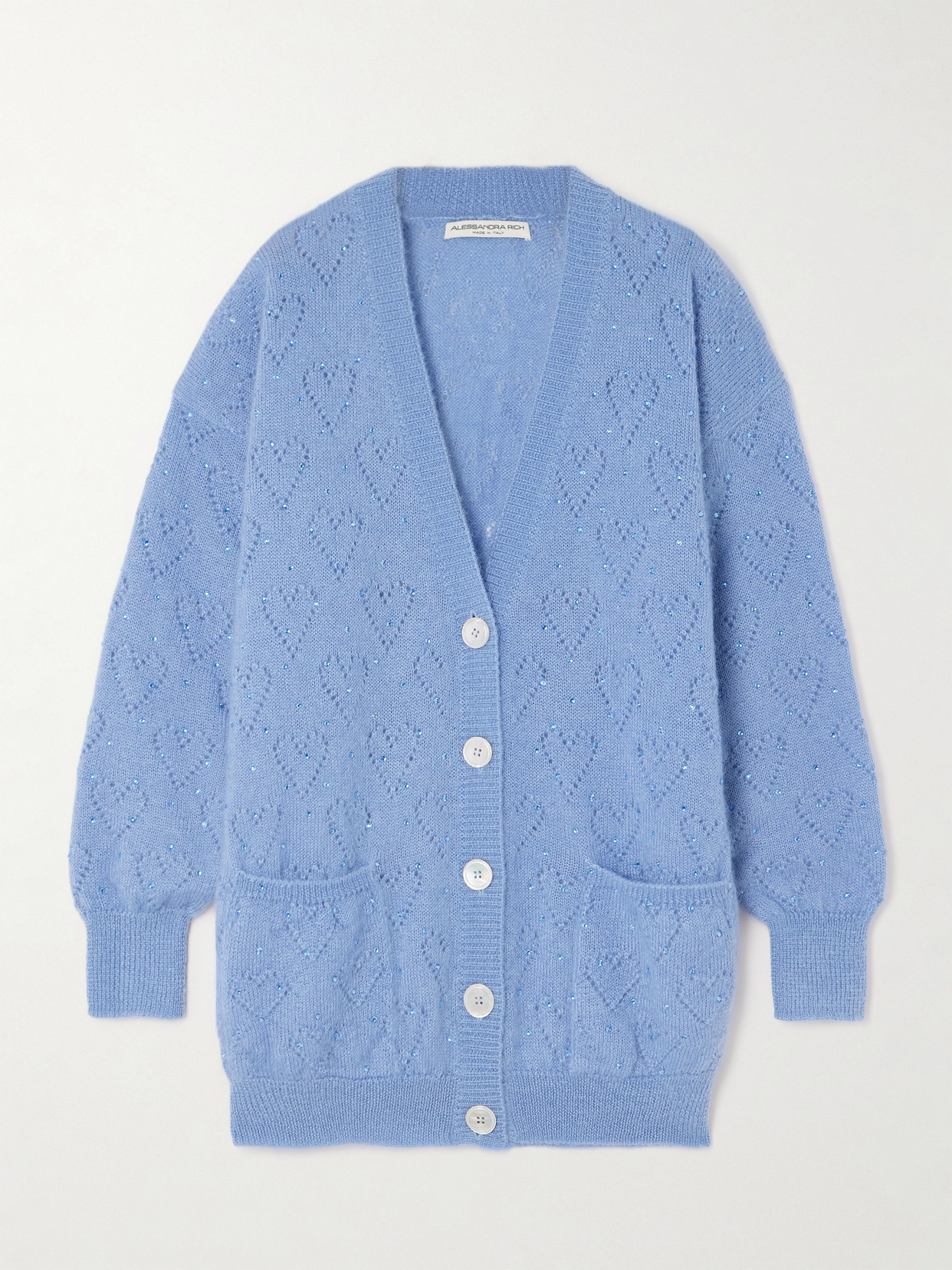 Alessandra Rich Crystal-embellished Pointelle-knit Mohair-blend Cardigan - Blue