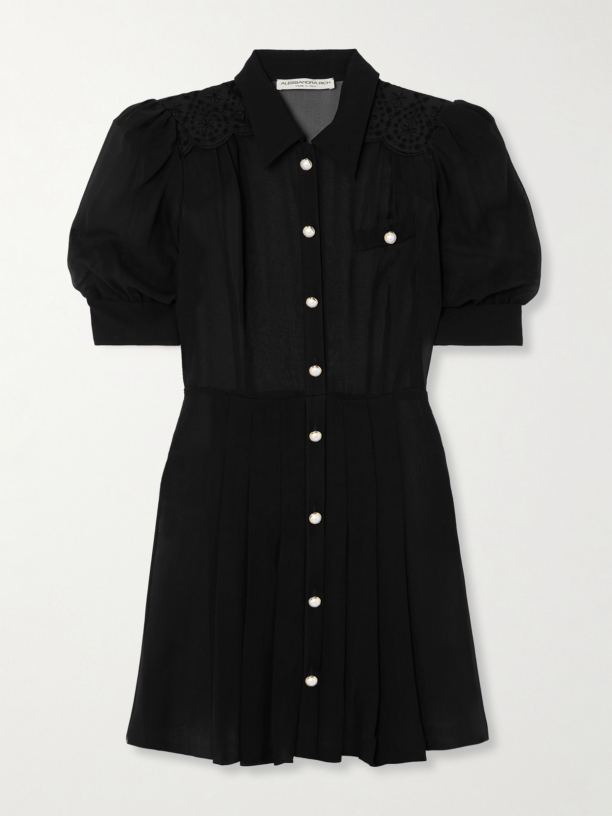 Alessandra Rich Broderie Anglaise-trimmed Pleated Silk-georgette Mini Dress - Black