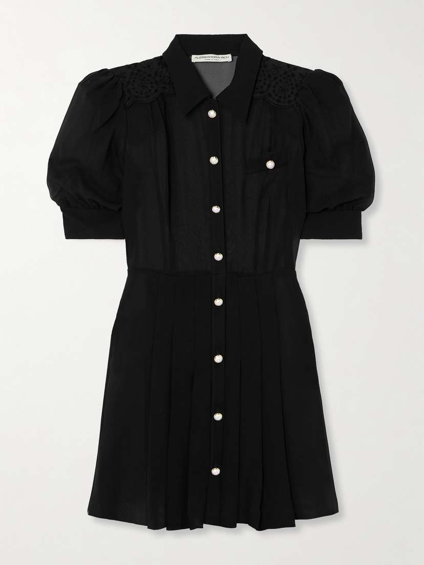 Alessandra Rich Broderie Anglaise-trimmed Pleated Silk-georgette Mini Dress