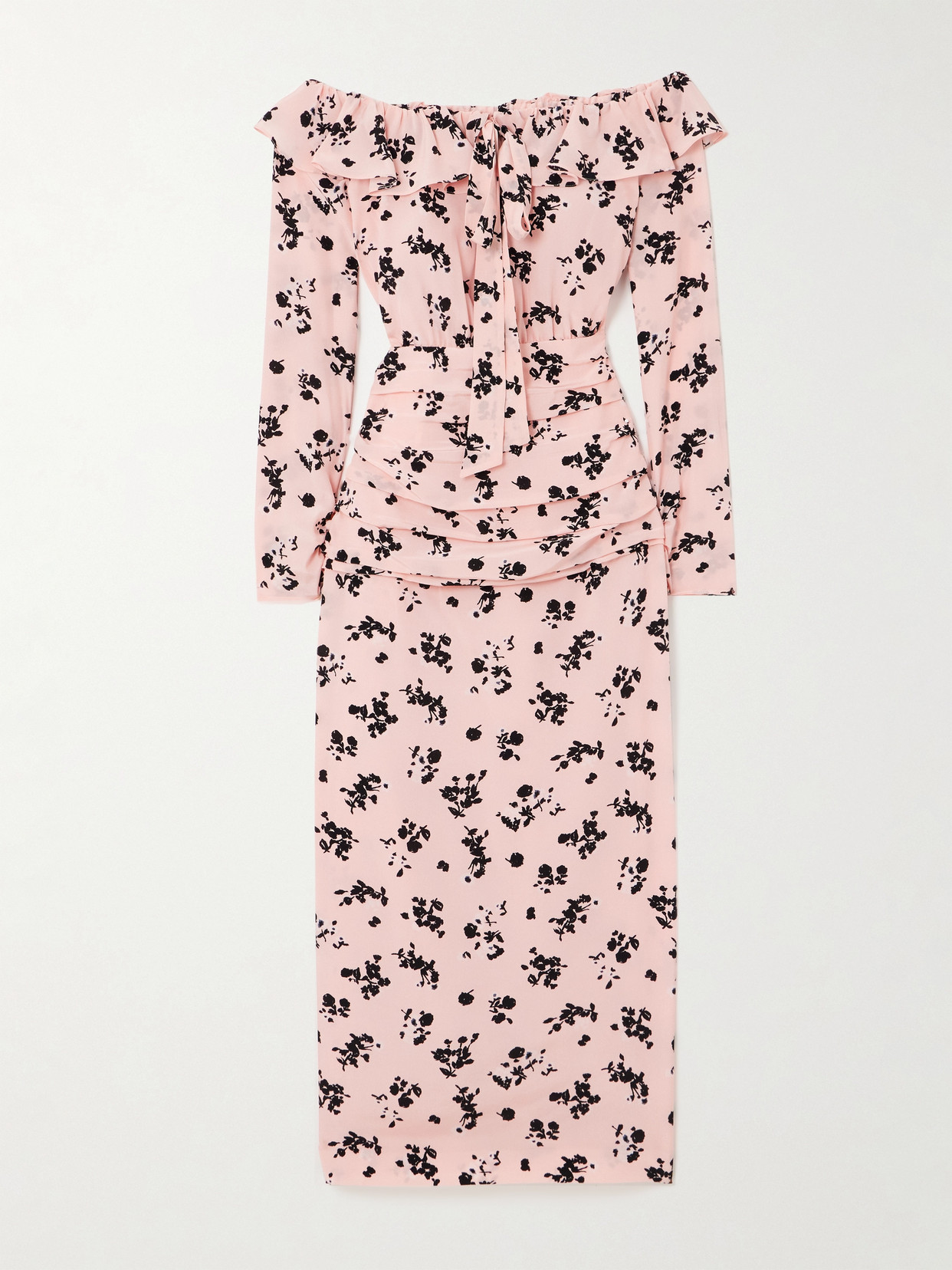 Alessandra Rich Off-the-shoulder Ruffled Floral-print Silk Crepe De Chine Midi Dress - Pink