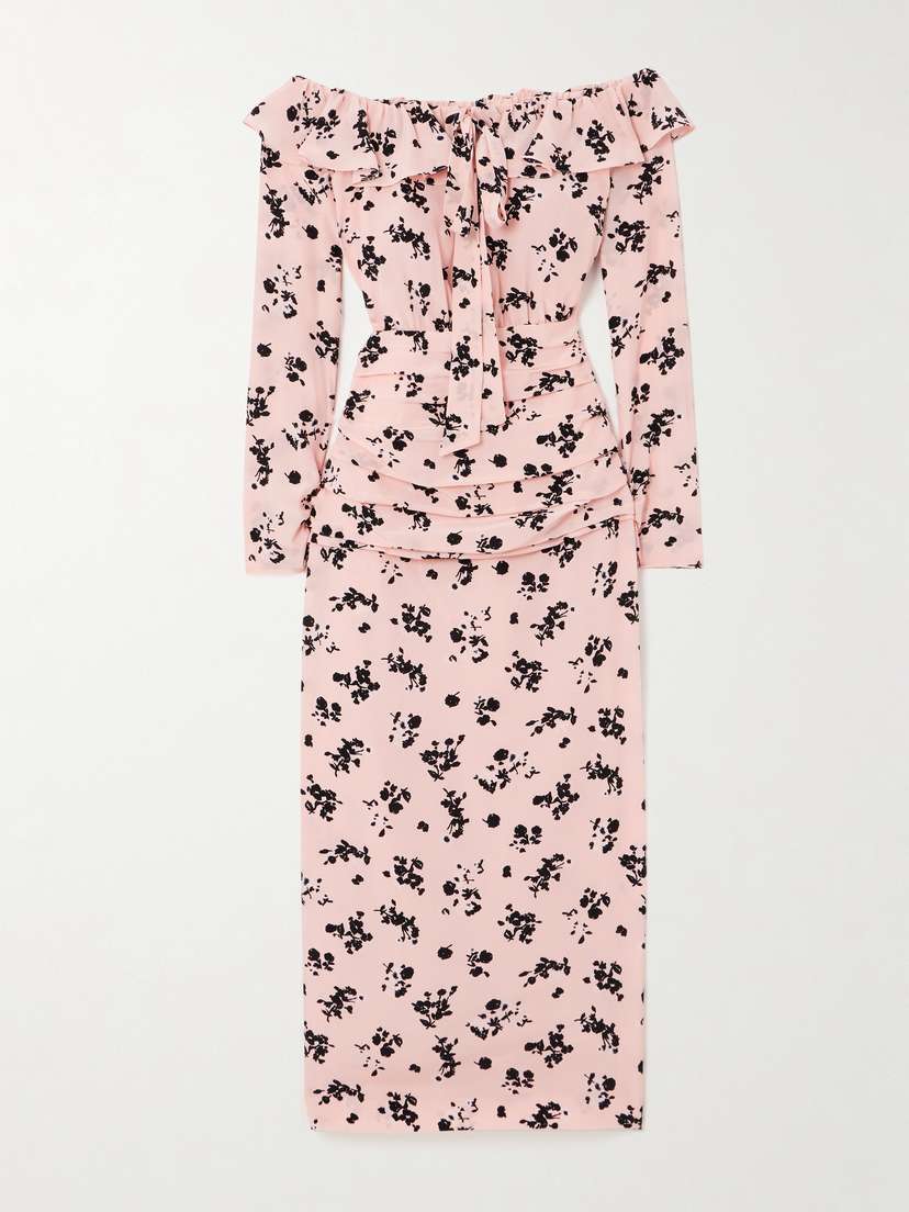 Alessandra Rich Off-the-shoulder Ruffled Floral-print Silk Crepe De Chine Midi Dress
