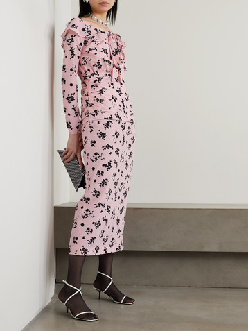 Alessandra Rich Off-the-shoulder ruffled floral-print silk crepe de chine midi dress