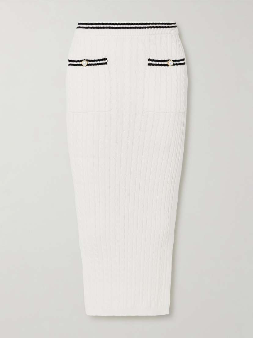 Alessandra Rich Faux Pearl-embellished Two-tone Cable-knit Cotton Midi Skirt