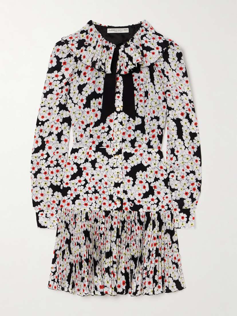 Alessandra Rich Bow-detailed Floral-print Silk Crepe De Chine Mini Dress