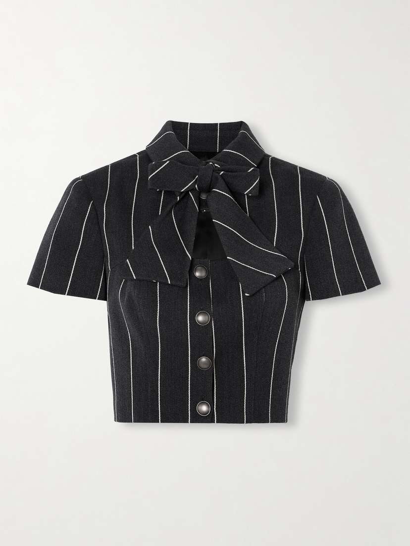 Alessandra Rich Cropped Bow-detailed Cutout Pinstriped Wool-blend Jacket