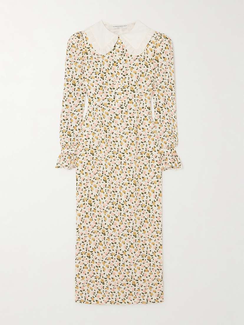 Alessandra Rich Ruffled Floral-print Silk Crepe De Chine Midi Dress
