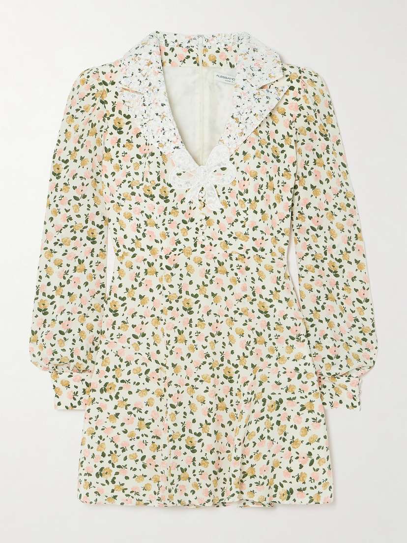 Alessandra Rich Appliquéd Lace-trimmed Floral-print Silk Mini Dress