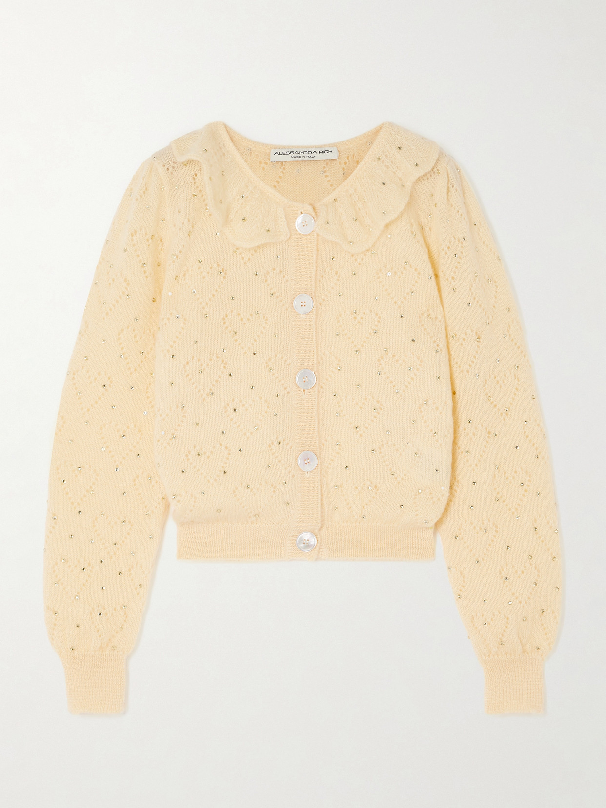 Alessandra Rich Ruffled Crystal-embellished Pointelle-knit Mohair-blend Cardigan In Yellow