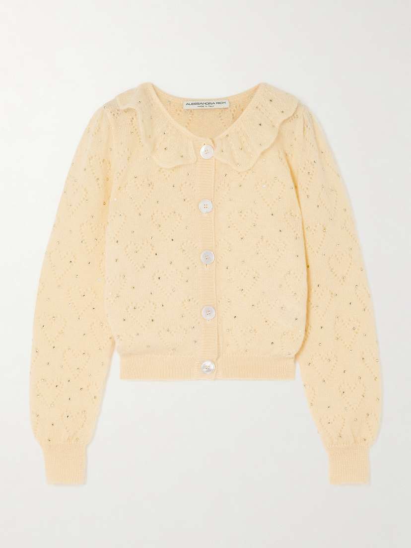 Alessandra Rich Ruffled Crystal-embellished Pointelle-knit Mohair-blend Cardigan