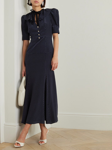 Alessandra Rich Bow-detailed polka-dot silk crepe de chine midi dress