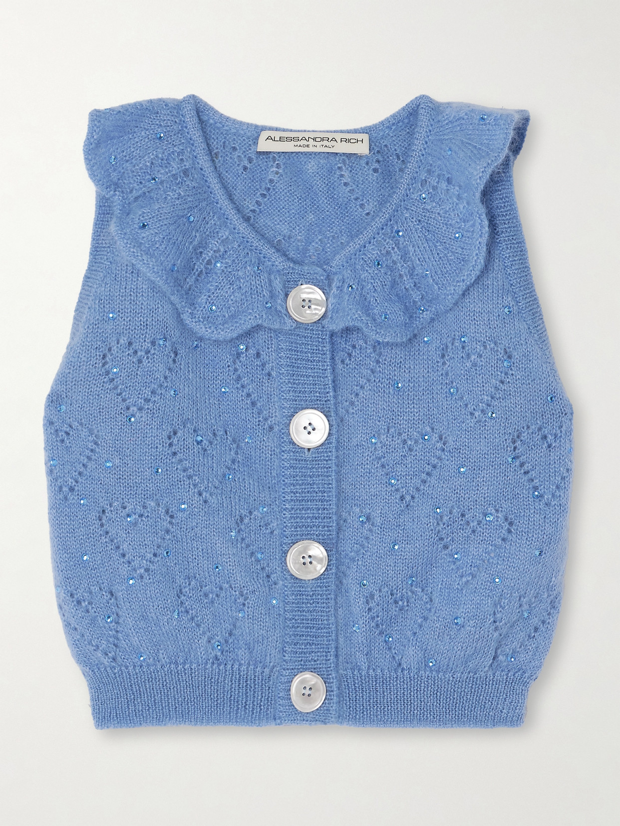 Alessandra Rich Cropped Crystal-embellished Pointelle-knit Mohair-blend Cardigan In Light Blue